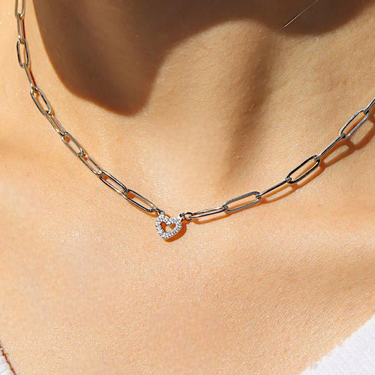 Frosted Heart Paperclip Chain Necklace